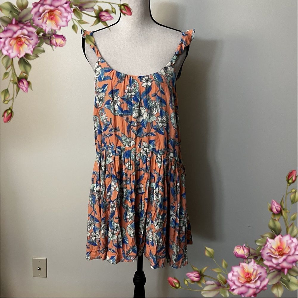 Free People Dear You Orange Combo Floral Print‎ Ruffle Mini Dress